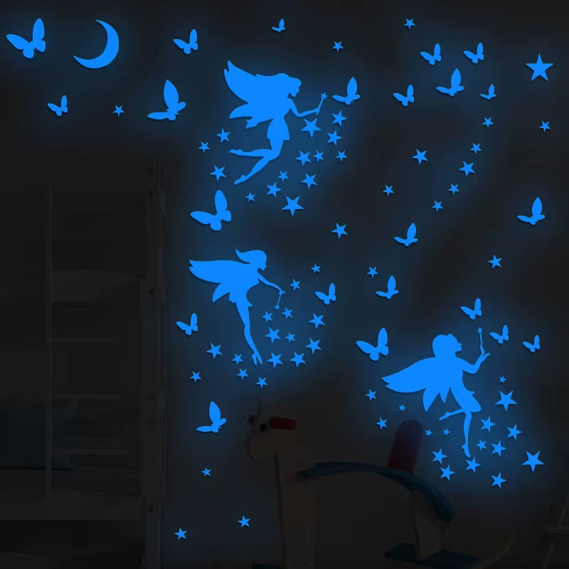 3 Pcs Glow in the Dark Fairy Decals Luminous Fluorescent Butterfly Moon Star Wall Stickers for Kids Nursery Girl Room Decoration
