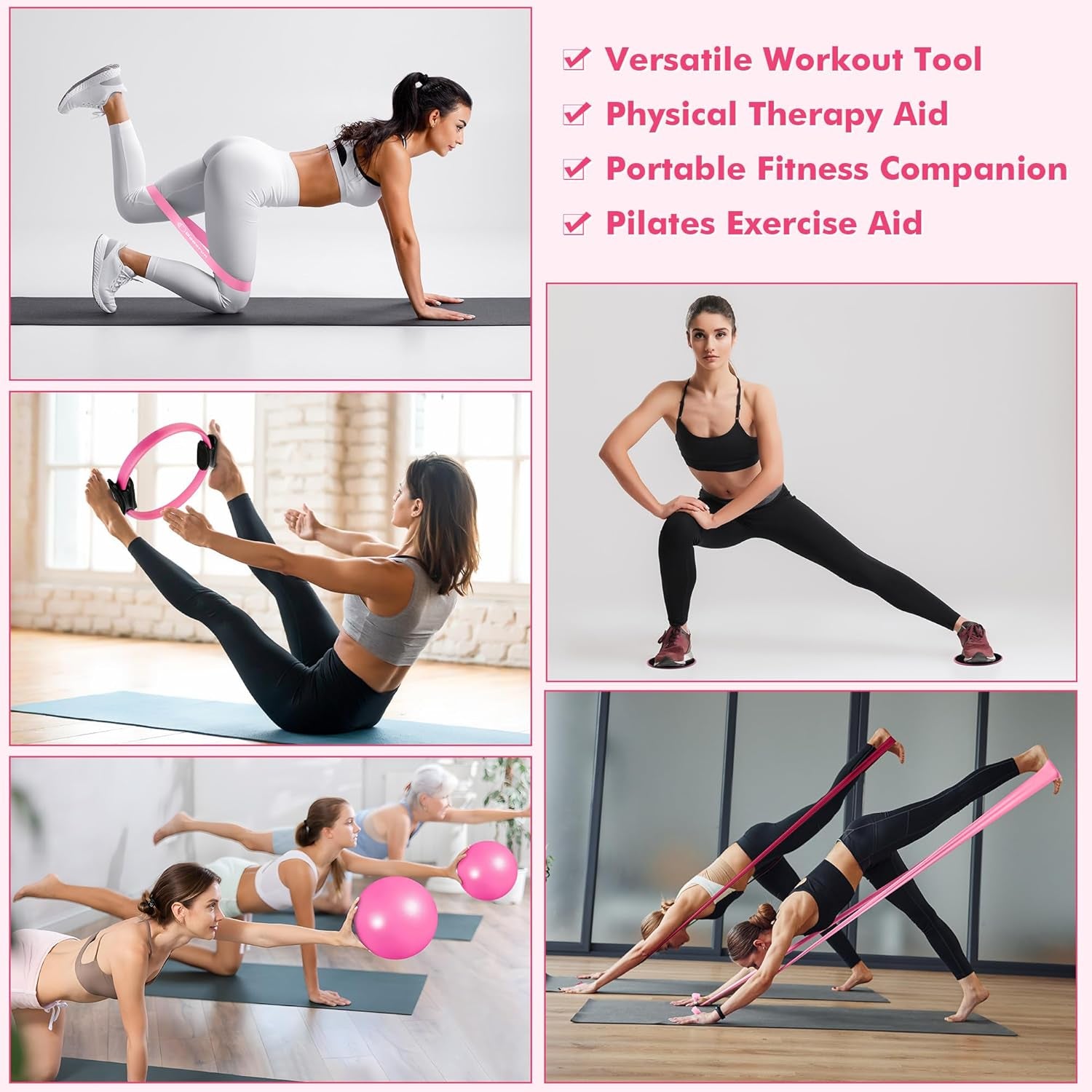 Pilates-Ring-Set Mit Widerstandsband, Pilatesball Und Gleitscheiben. Tragbares Heim-Fitnessstudio – Inklusive Fitness-Poster