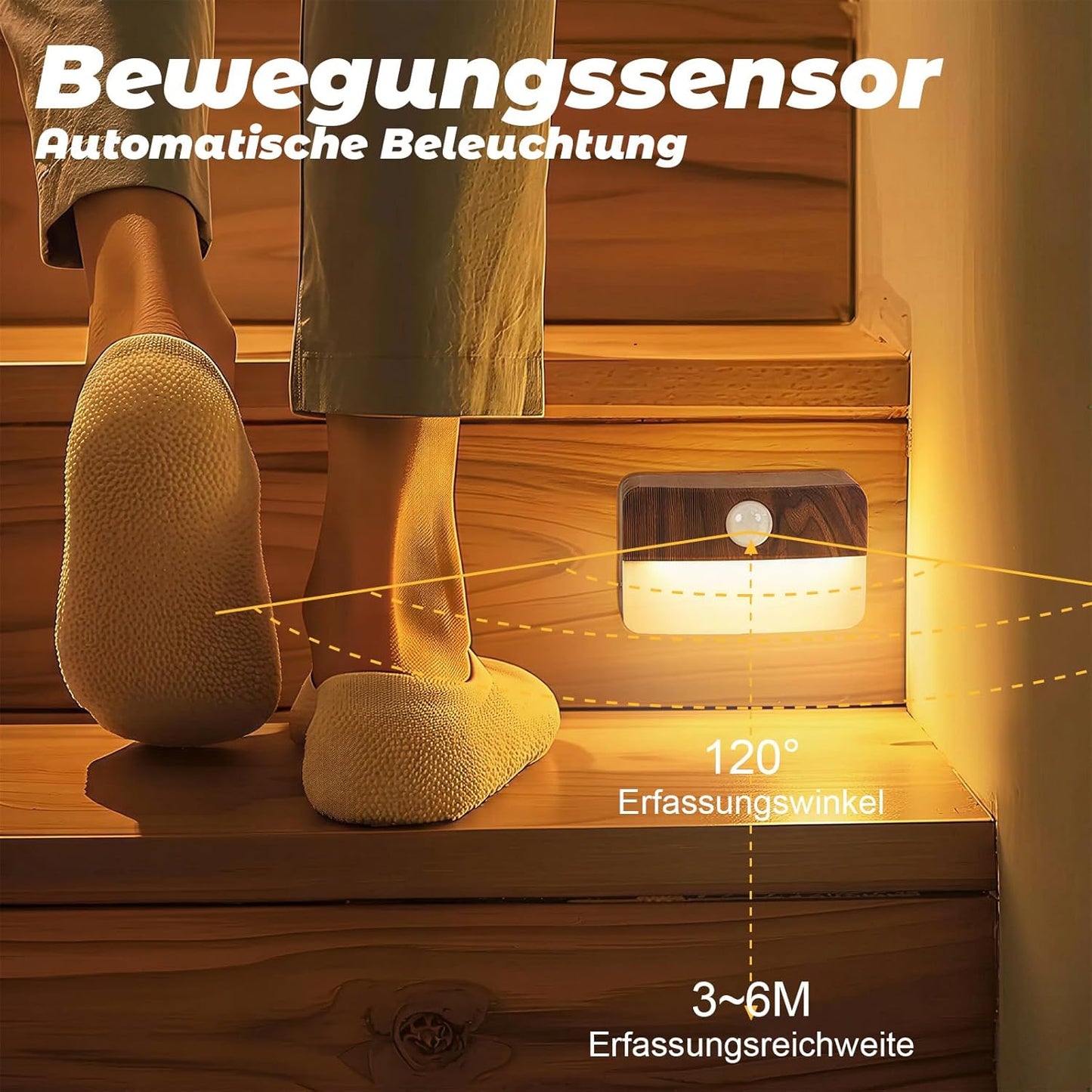 8PCS LED Treppenbeleuchtung Mit Bewegungsmelder - Innen Nachtlicht, Treppenlicht Mit Motion Sensor Akku, Kleine Lampe Treppenstufenbeleuchtung Mit Batterie, Night Light Für Kinder, Trepp (Eiche)