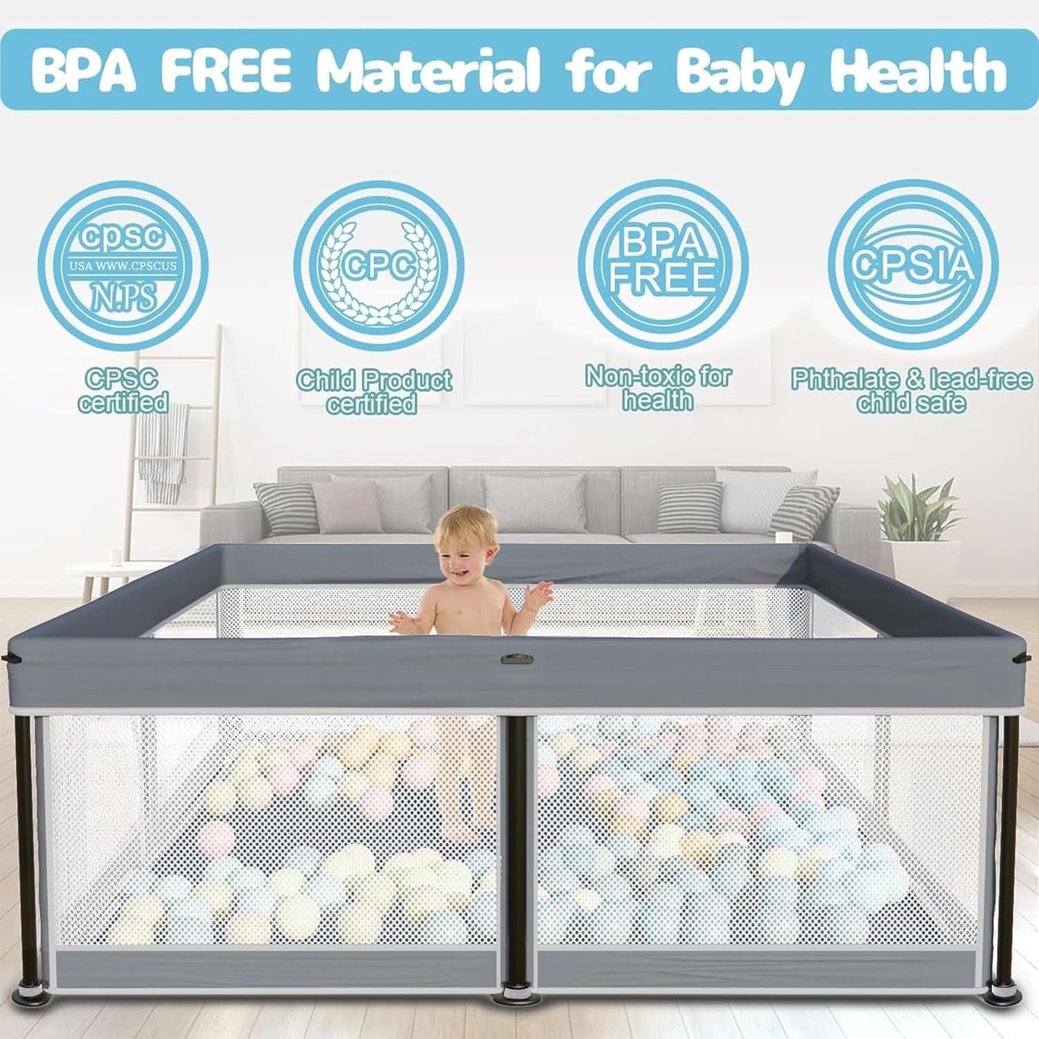 Laufstall Baby Mit Matratze, Indoor & Outdoor Laufgitter Baby, Laufstall Baby Faltbar, Laufstall Mit 50 Ozeanbällen (Grau, 127 * 127)