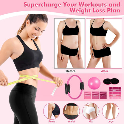 Pilates-Ring-Set Mit Widerstandsband, Pilatesball Und Gleitscheiben. Tragbares Heim-Fitnessstudio – Inklusive Fitness-Poster