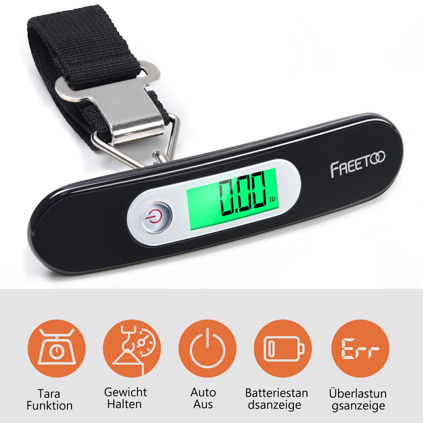 FREETOO Gepäckwaage Tragbare Digitale Kofferwaage Lcd-Anzeige Mit Hintergrundbeleuchtung Tara-Funktion Praktisch Für Reisen/Familienleben Bis 50KG (Schwarz)