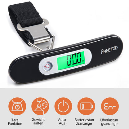 FREETOO Gepäckwaage Tragbare Digitale Kofferwaage Lcd-Anzeige Mit Hintergrundbeleuchtung Tara-Funktion Praktisch Für Reisen/Familienleben Bis 50KG (Schwarz)