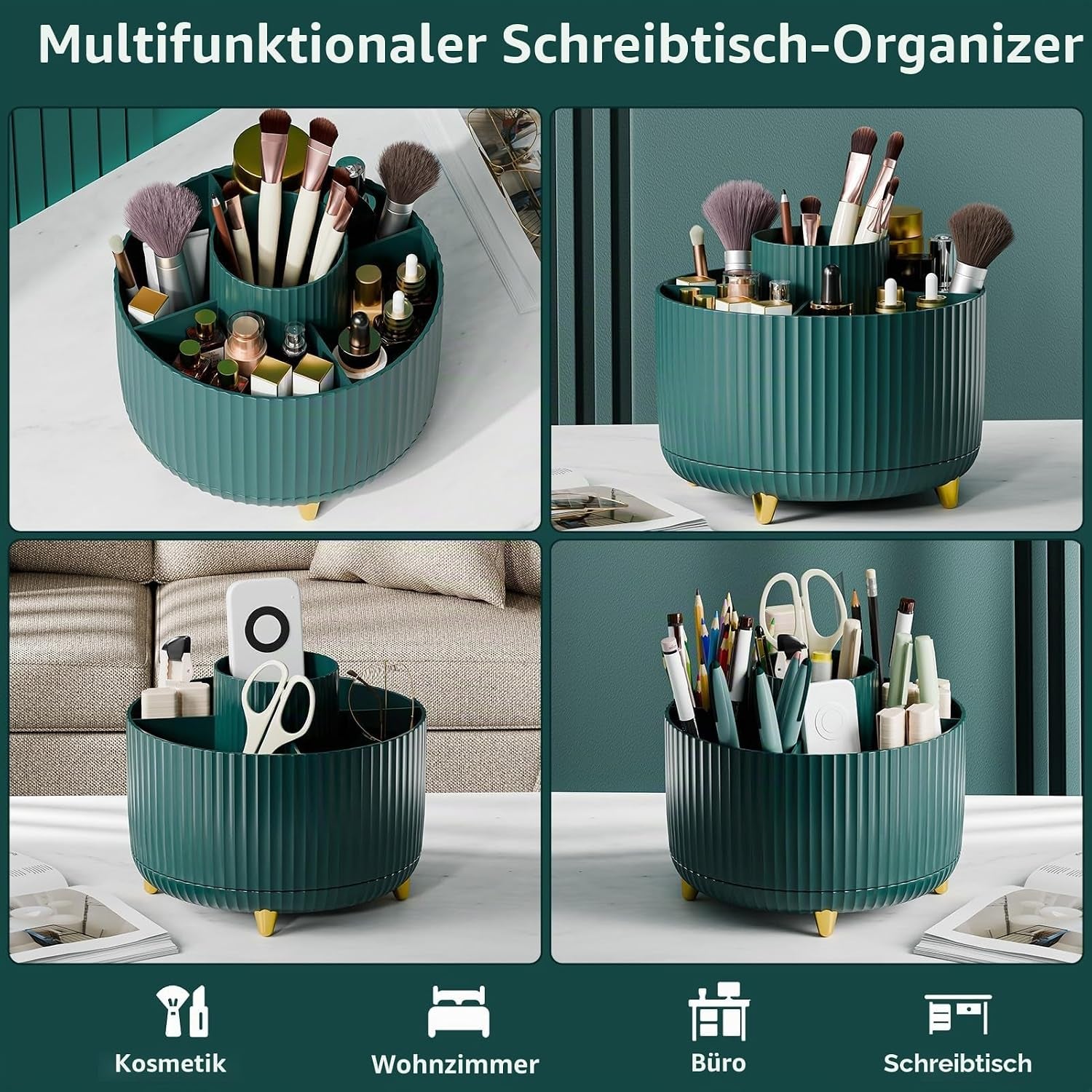 360 ° Drehbarer Make-Up-Organizer, Make-Up-Pinselhalter, 5 Fächer Für Make-Up Und Hautpflege-Aufbewahrung Für Schminktisch, Desktop, Badezimmer (Grün)