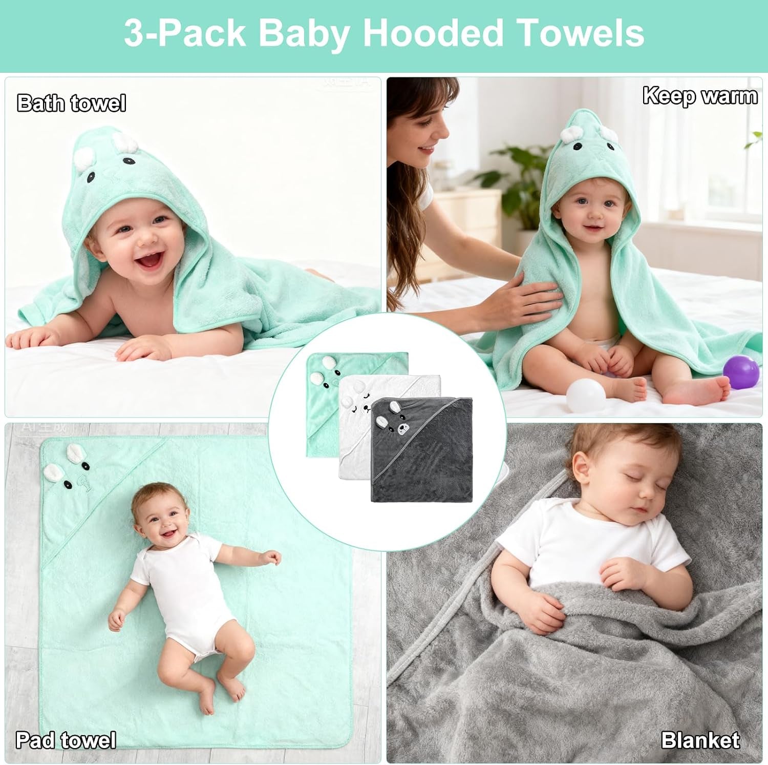 3 Stück Babyhandtuch Mit Kapuze, 80 X 80Cm Kapuzenhandtuch Baby, Babys Handtücher Kapuze, Handtücher Babys Badetuch Niedliches Handtuch Mit Kapuz Badehandtüch Handtüchers Für Babyss Neugeborene