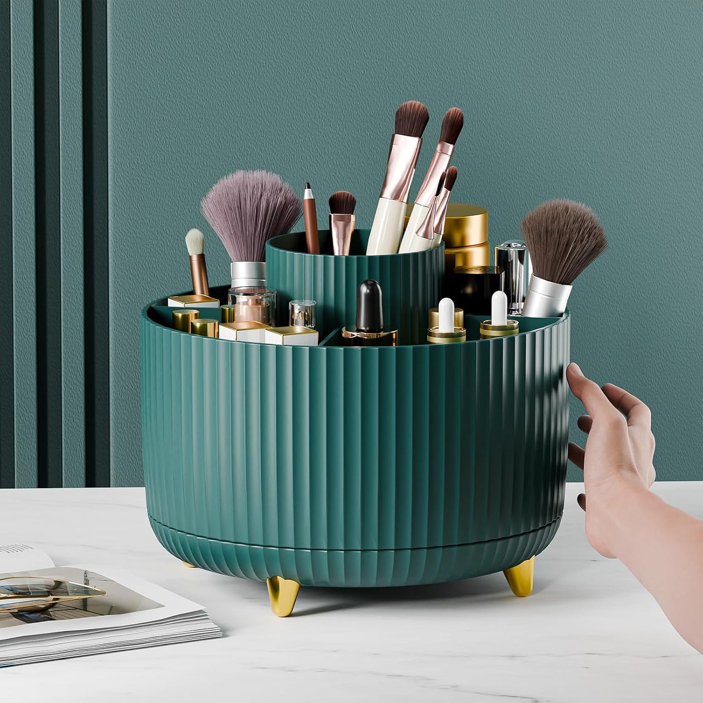 360 ° Drehbarer Make-Up-Organizer, Make-Up-Pinselhalter, 5 Fächer Für Make-Up Und Hautpflege-Aufbewahrung Für Schminktisch, Desktop, Badezimmer (Grün)