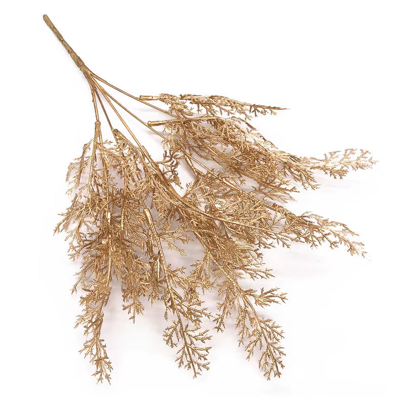 Artificial Gold and Silver Plants Leaf Christmas Decor Flower Arrangement Glitter Powder Fake Palm Branch Christmas Home Deco