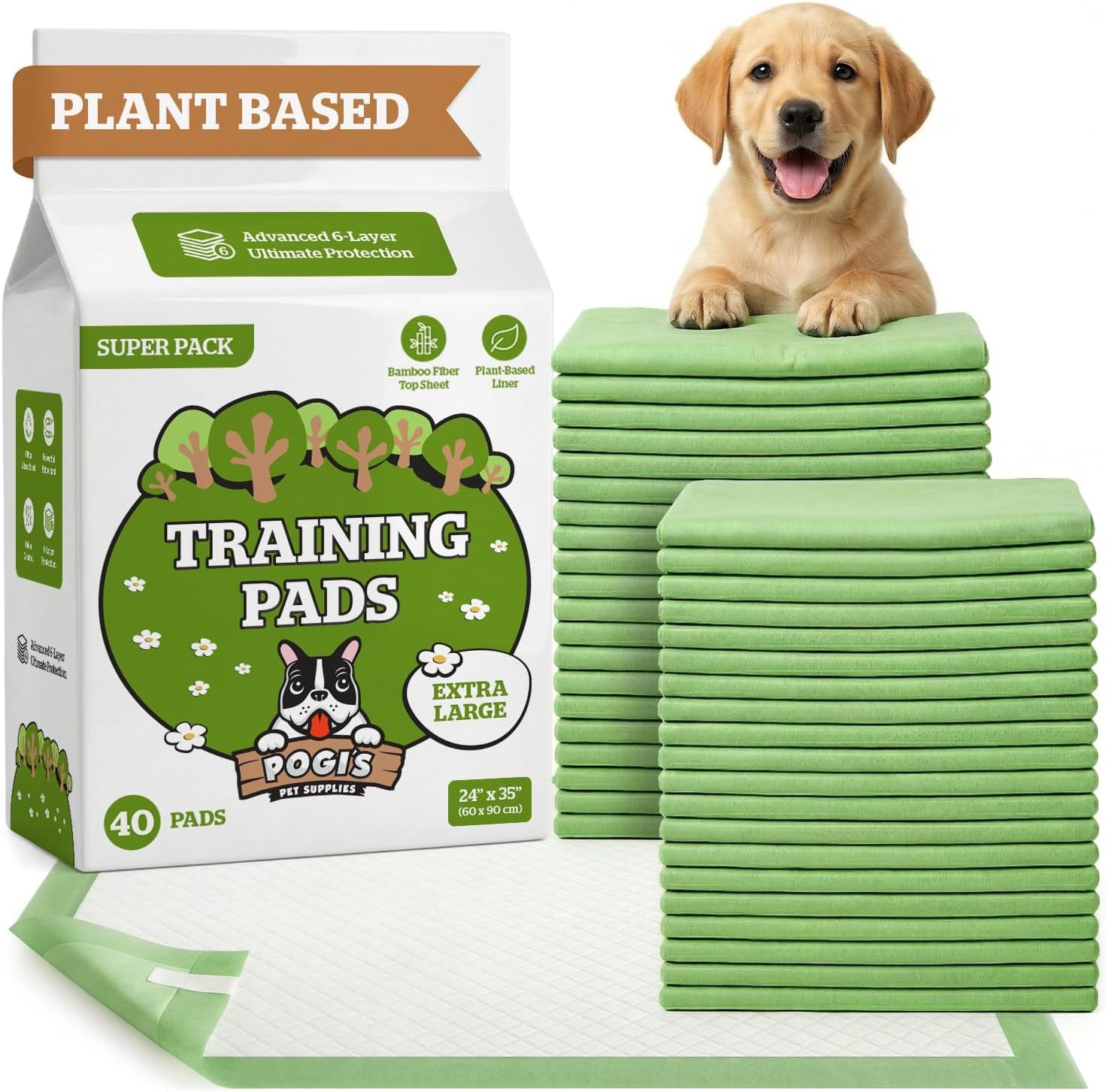 Pogi Trainingspads Für Hunde – 60 × 90 Cm, Extra Groß, Umweltbewusst, Für Mittelgroße Bis Große Hunde – 40 Stück