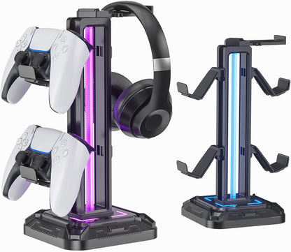 KDD Gaming Kopfhörer Ständer Led Mit 9 Lichtmodi - Drehbarer Headset Halterung Tisch Mit Abnehmbarer Controller Halterung - Headset Ständer Gaming Zubehör Für Gamer PC Xbox ONE Ps5(Schwarz)