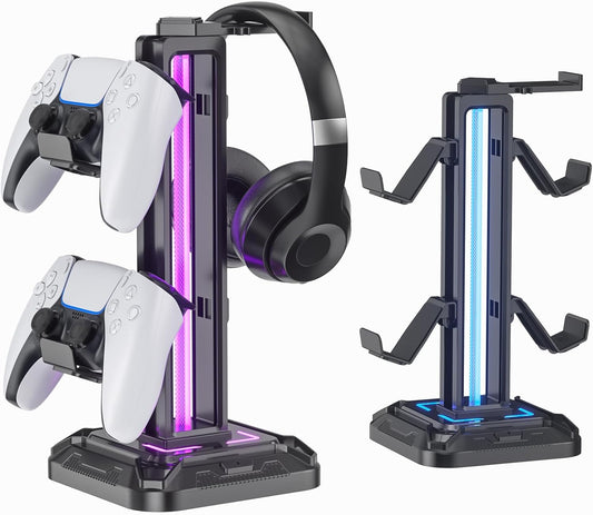 KDD Gaming Kopfhörer Ständer Led Mit 9 Lichtmodi - Drehbarer Headset Halterung Tisch Mit Abnehmbarer Controller Halterung - Headset Ständer Gaming Zubehör Für Gamer PC Xbox ONE Ps5(Schwarz)