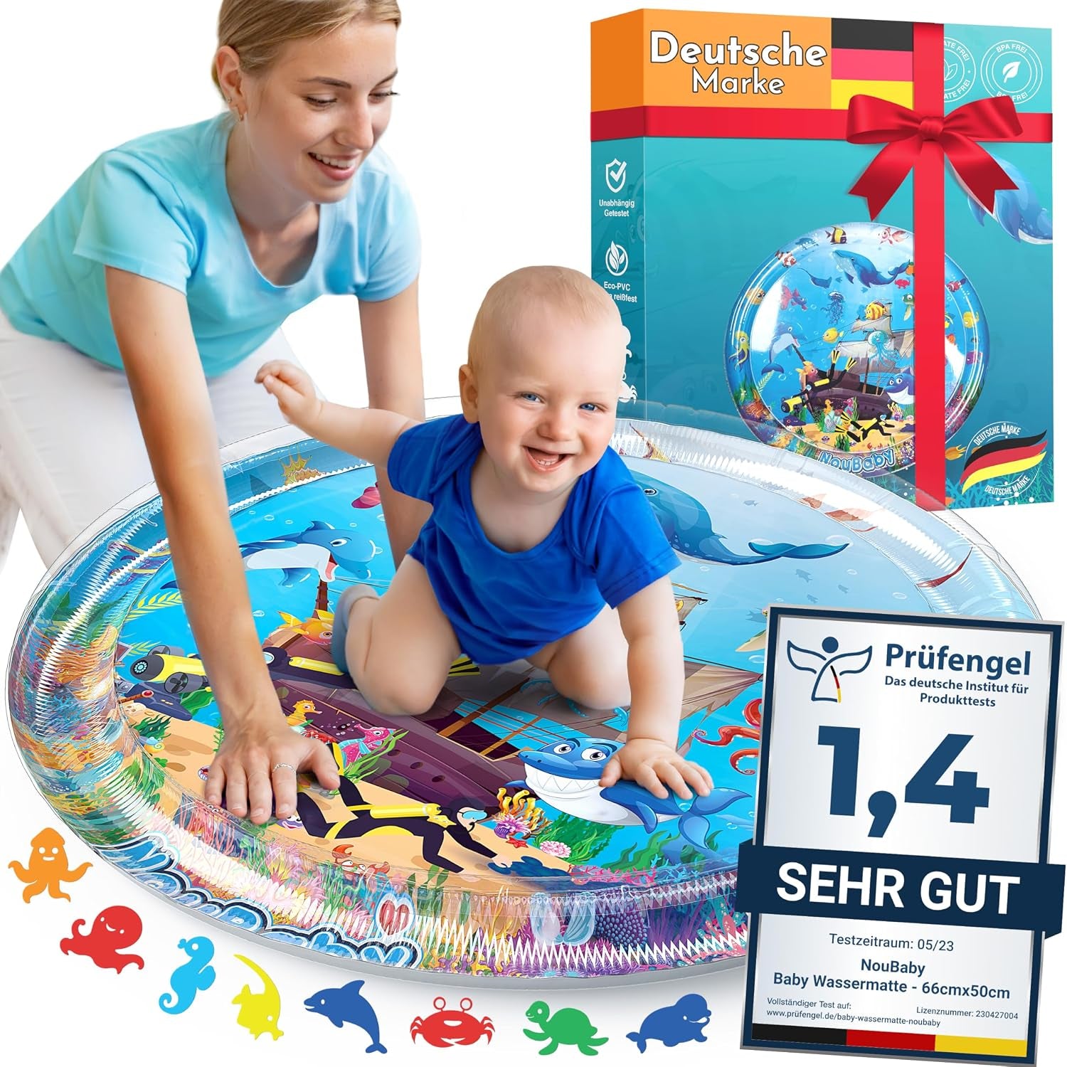 Noubaby® Wassermatte Baby BPA Frei XXL I Babymatte Und Spielzeug Ab 3, 6 Und 9 Monate I Wasserspielmatte Baby, Aqua Matte Baby Als Baby Wassermatte, Bauchlage Spielzeug Baby Und Baby Matte Wasser
