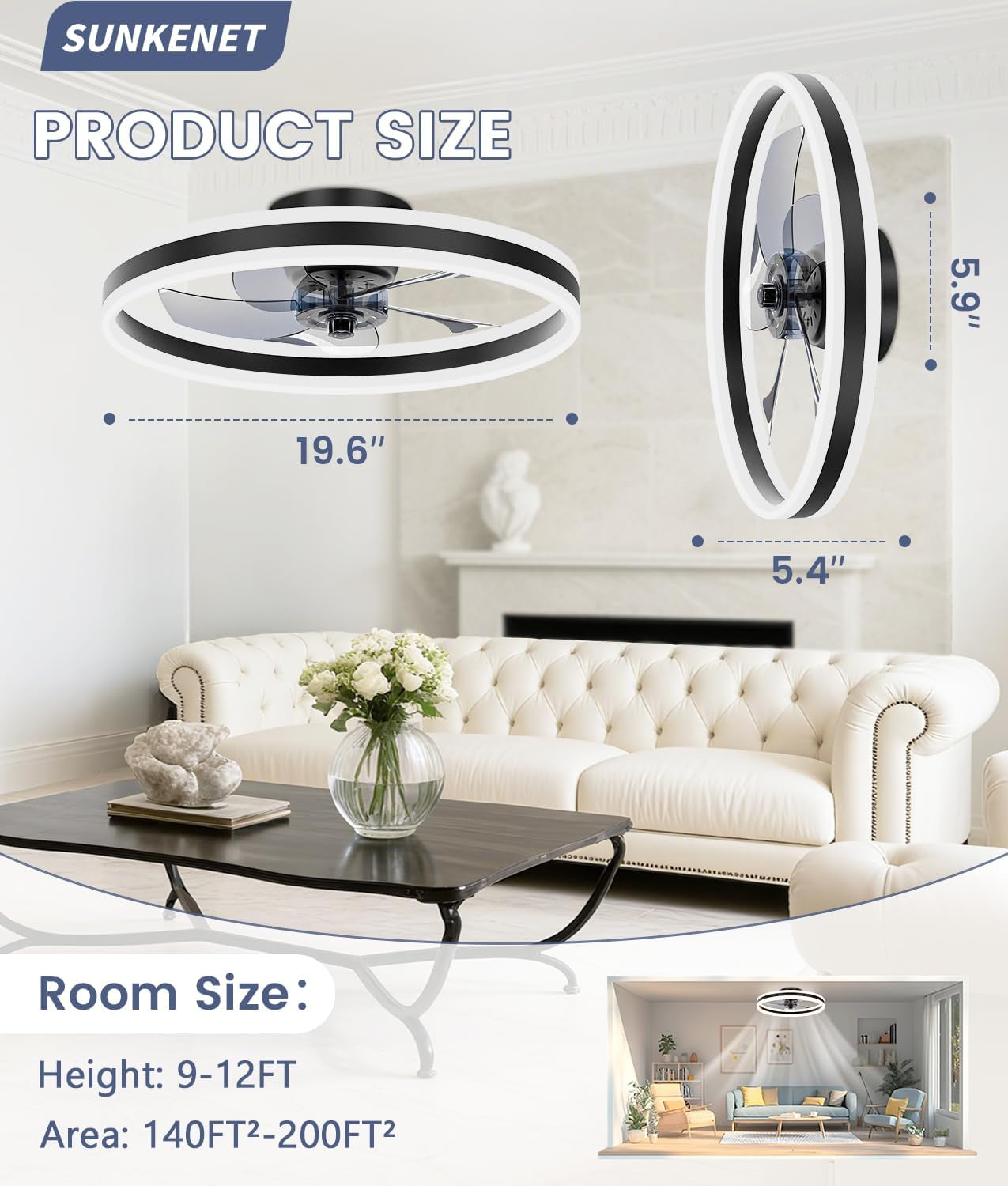 Deckenventilatoren Mit Beleuchtung, 50Cm Lampe Mit Ventilator, 3000K-6500K Dimmbare LED Deckenventilator Mit Licht, Deckenventilatorlampe Für Schlafzimmer,6-Gang,Timer,Leise, Schwarz