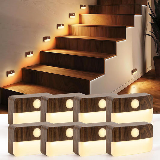 8PCS LED Treppenbeleuchtung Mit Bewegungsmelder - Innen Nachtlicht, Treppenlicht Mit Motion Sensor Akku, Kleine Lampe Treppenstufenbeleuchtung Mit Batterie, Night Light Für Kinder, Trepp (Eiche)