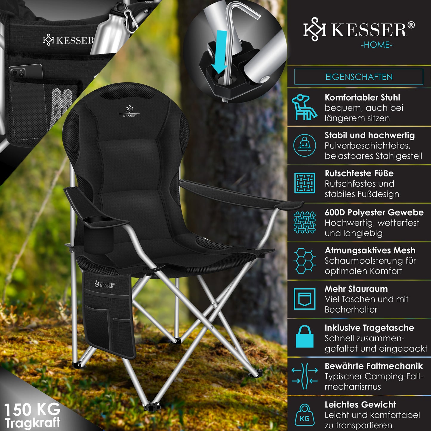 KESSER® Campingstuhl Angelstuhl Faltstuhl 150Kg Klappstuhl Angler Stuhl + Tasche