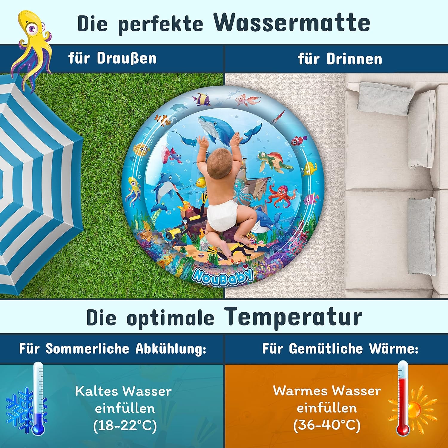 Noubaby® Wassermatte Baby BPA Frei XXL I Babymatte Und Spielzeug Ab 3, 6 Und 9 Monate I Wasserspielmatte Baby, Aqua Matte Baby Als Baby Wassermatte, Bauchlage Spielzeug Baby Und Baby Matte Wasser