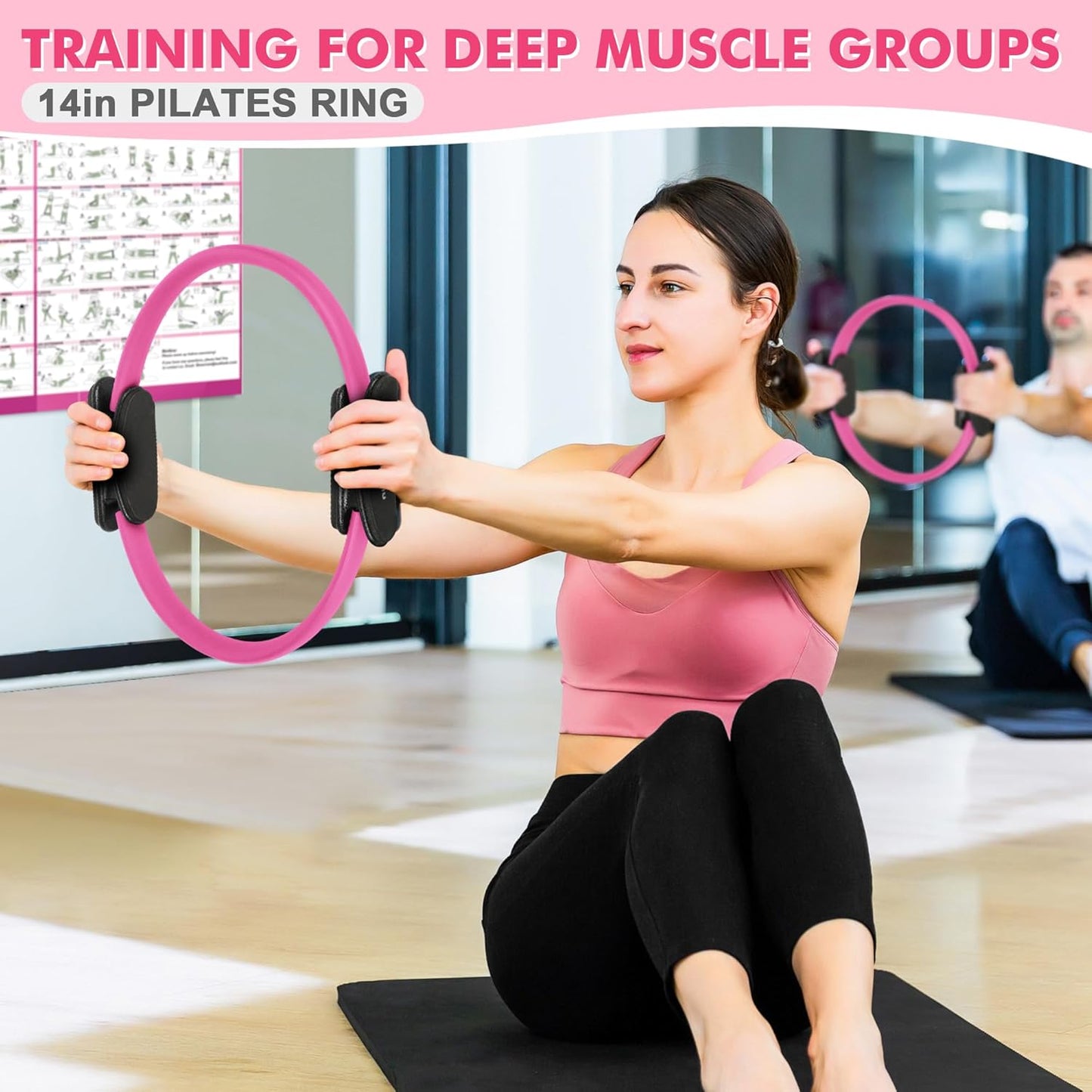 Pilates-Ring-Set Mit Widerstandsband, Pilatesball Und Gleitscheiben. Tragbares Heim-Fitnessstudio – Inklusive Fitness-Poster