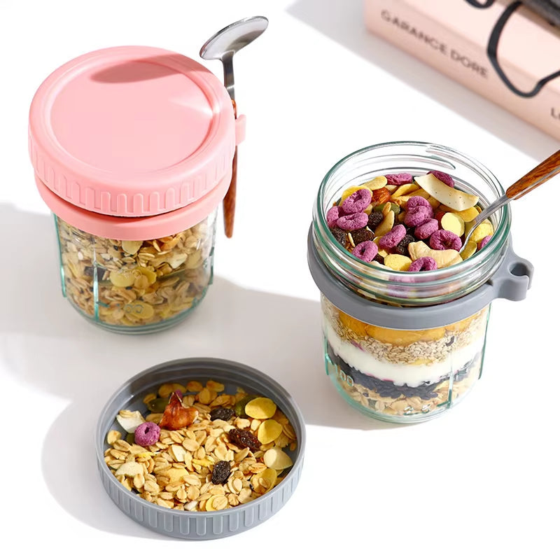 Overnight Oats Container with Lid and Spoon 350ML Airtight Oatmeal Container with Scale Portable Fruit Salad Food Storage Box