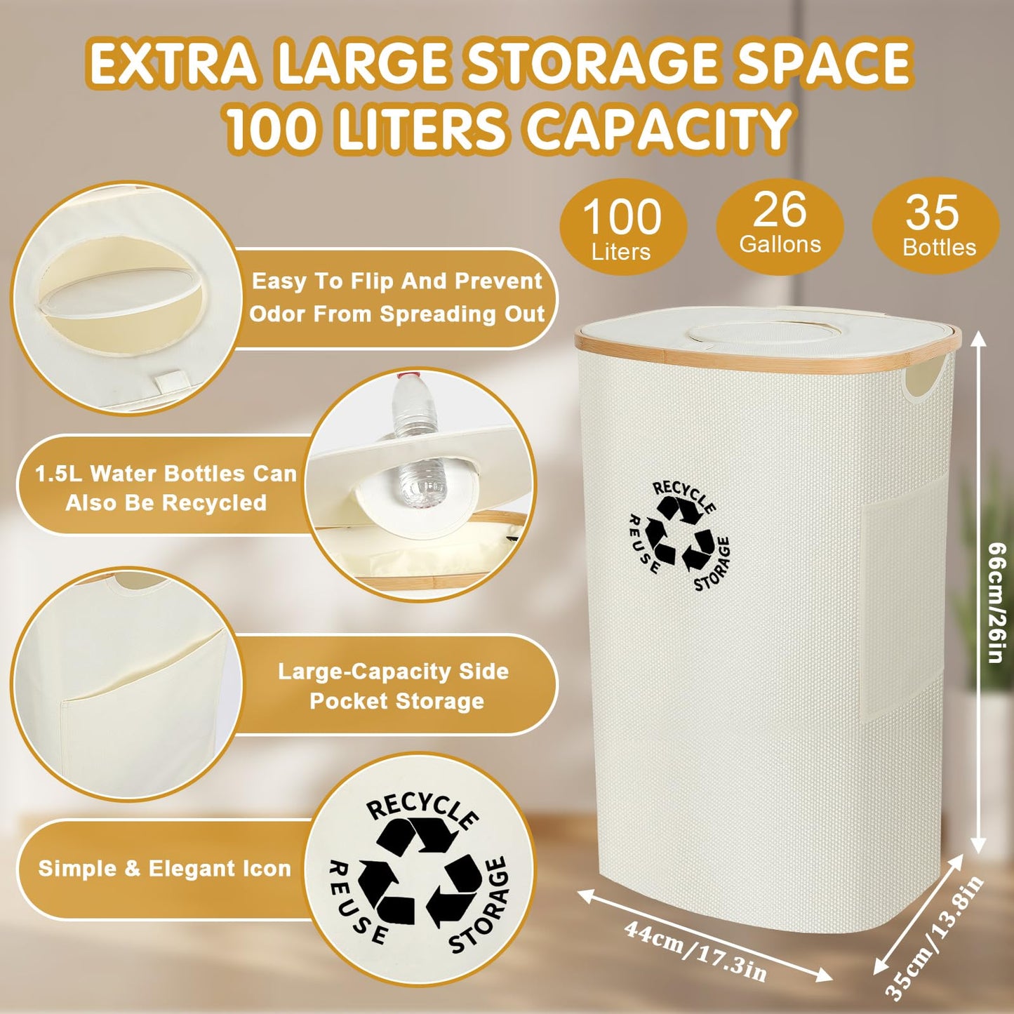 Recycling Container with Lid Deposit Bottle Storage Room Large Capacity, Beige