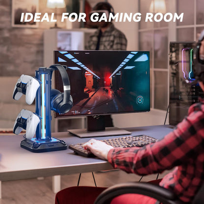 KDD Gaming Kopfhörer Ständer Led Mit 9 Lichtmodi - Drehbarer Headset Halterung Tisch Mit Abnehmbarer Controller Halterung - Headset Ständer Gaming Zubehör Für Gamer PC Xbox ONE Ps5(Schwarz)