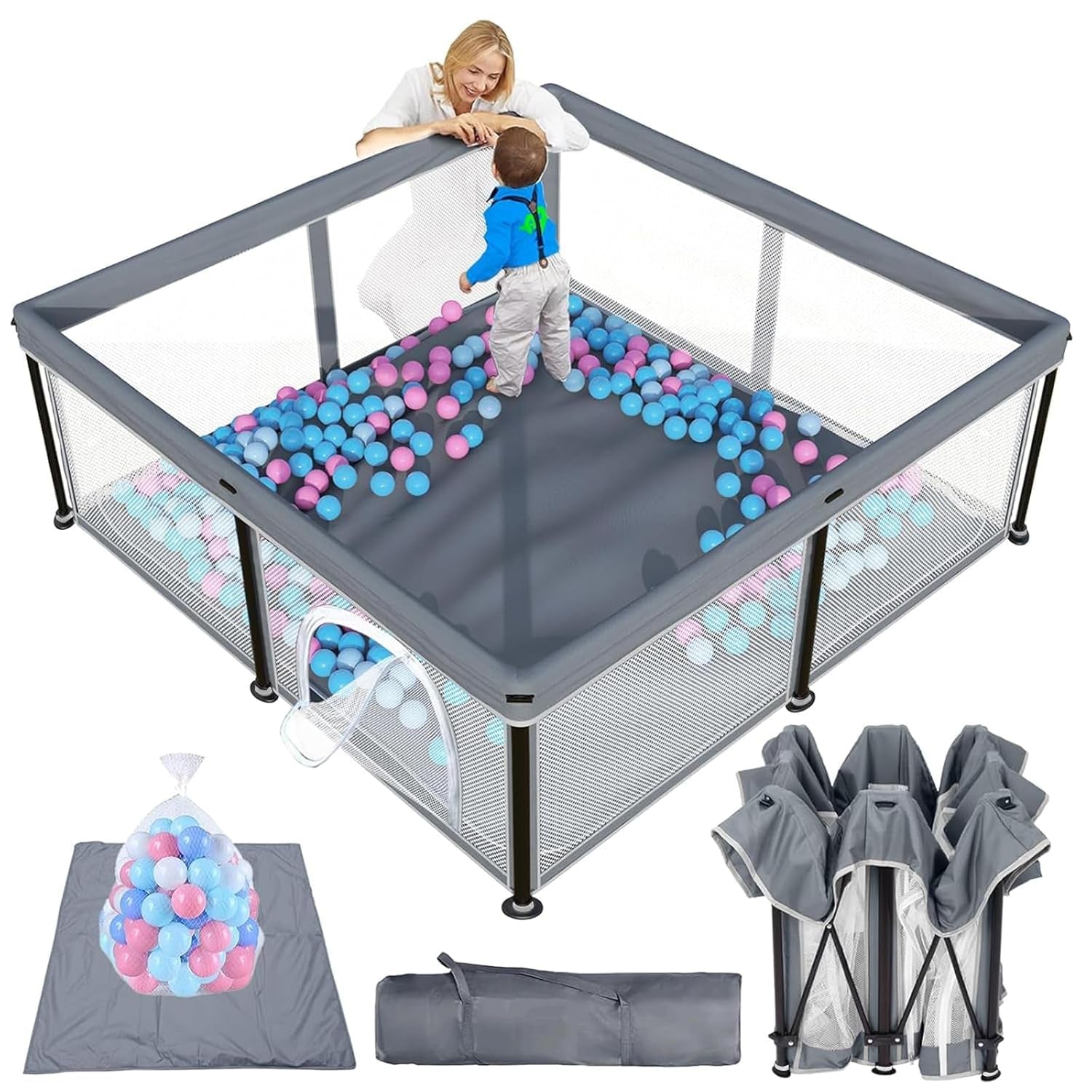 Laufstall Baby Mit Matratze, Indoor & Outdoor Laufgitter Baby, Laufstall Baby Faltbar, Laufstall Mit 50 Ozeanbällen (Grau, 127 * 127)
