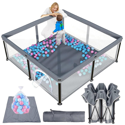 Laufstall Baby Mit Matratze, Indoor & Outdoor Laufgitter Baby, Laufstall Baby Faltbar, Laufstall Mit 50 Ozeanbällen (Grau, 127 * 127)