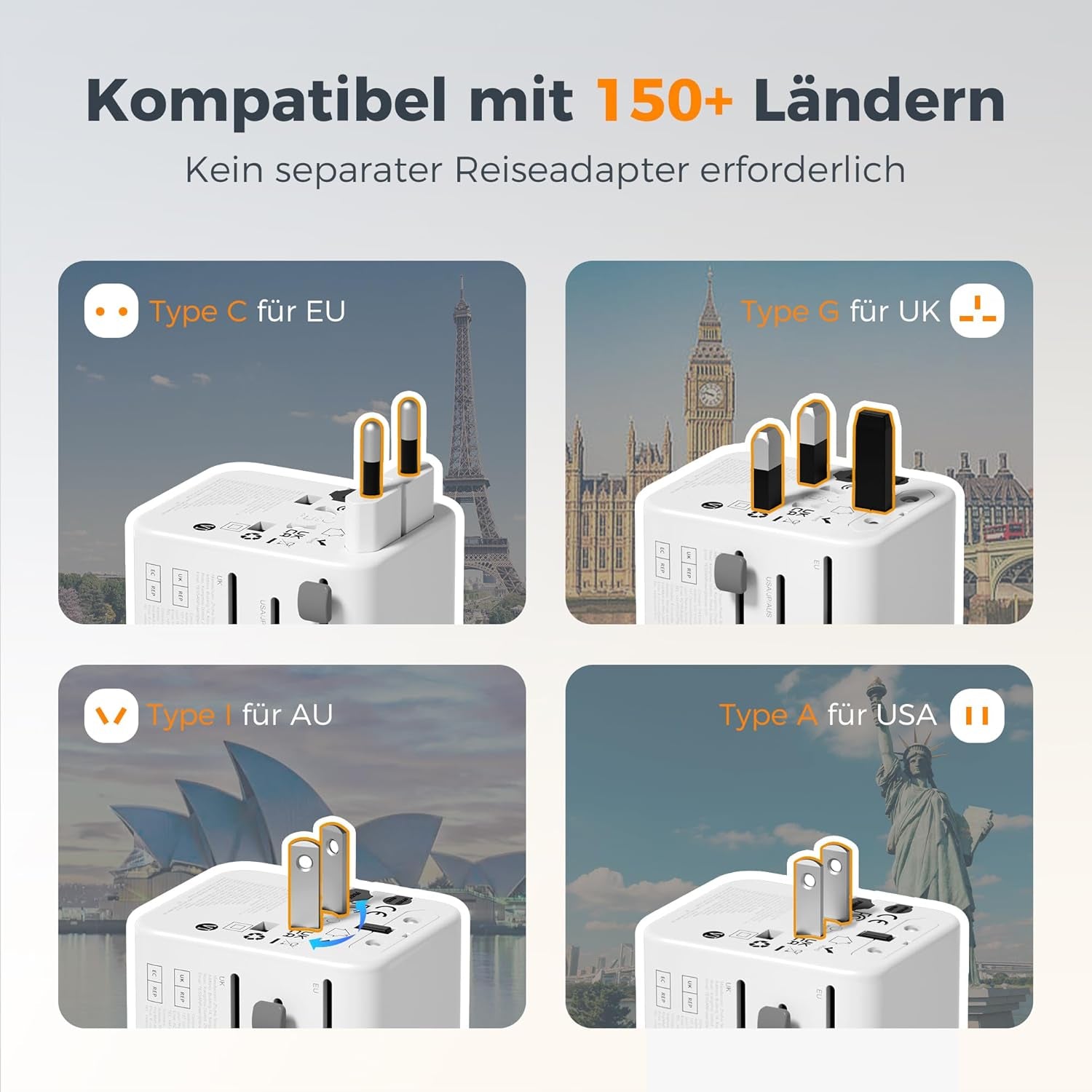 TESSAN Reiseadapter Weltweit, Universal Reisestecker Mit 2 USB a Und 2 USB C, Internationaler Steckdosenadapter, Universaladapter Für England USA Japan Thailand Australien, Travel Adapter