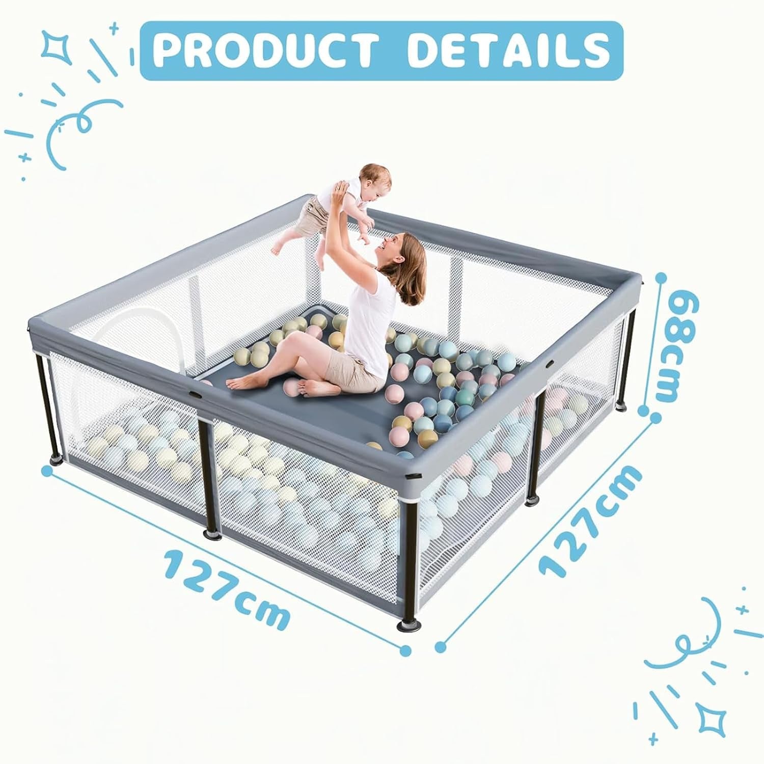 Laufstall Baby Mit Matratze, Indoor & Outdoor Laufgitter Baby, Laufstall Baby Faltbar, Laufstall Mit 50 Ozeanbällen (Grau, 127 * 127)
