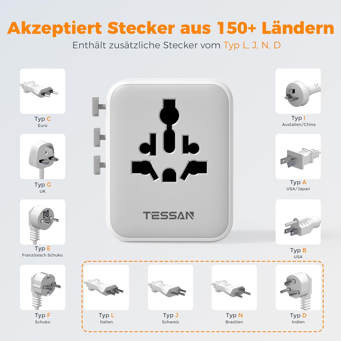 TESSAN Reiseadapter Weltweit, Universal Reisestecker Mit 2 USB a Und 2 USB C, Internationaler Steckdosenadapter, Universaladapter Für England USA Japan Thailand Australien, Travel Adapter