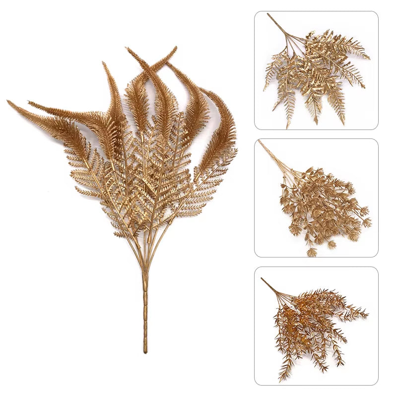 Artificial Gold and Silver Plants Leaf Christmas Decor Flower Arrangement Glitter Powder Fake Palm Branch Christmas Home Deco