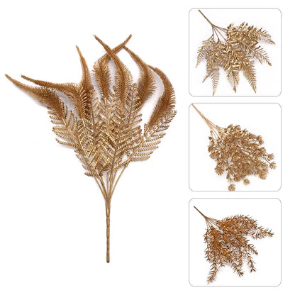 Artificial Gold and Silver Plants Leaf Christmas Decor Flower Arrangement Glitter Powder Fake Palm Branch Christmas Home Deco