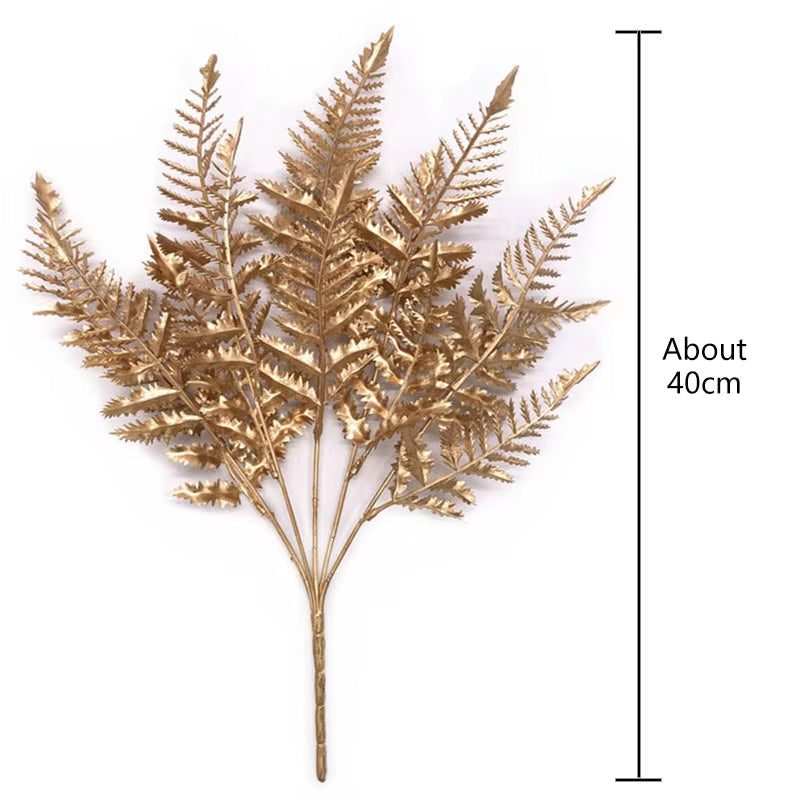 Artificial Gold and Silver Plants Leaf Christmas Decor Flower Arrangement Glitter Powder Fake Palm Branch Christmas Home Deco