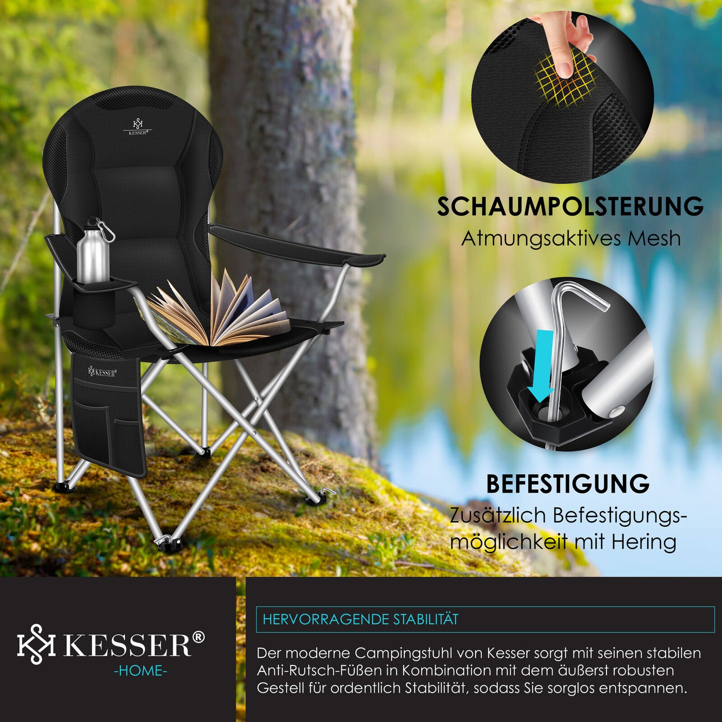 KESSER® Campingstuhl Angelstuhl Faltstuhl 150Kg Klappstuhl Angler Stuhl + Tasche
