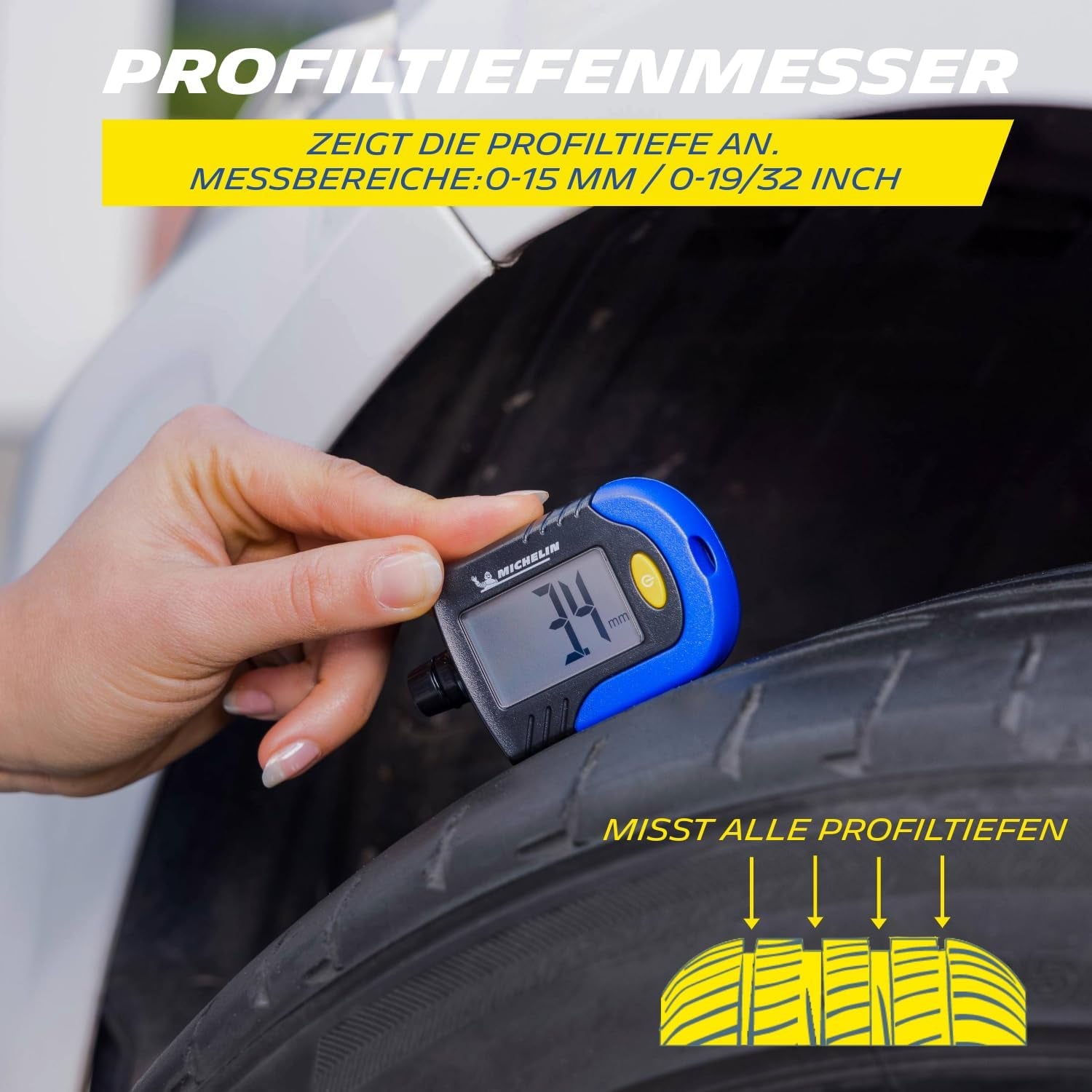 MICHELIN Reifendruckprüfer Digital Luftdruckprüfer Mit Profiltiefenmesser Präzise Reifen Druck Messen Auto Motorrad Fahrrad Wohnmobil Wohnwagen Kompakt Reifenprofilmesser