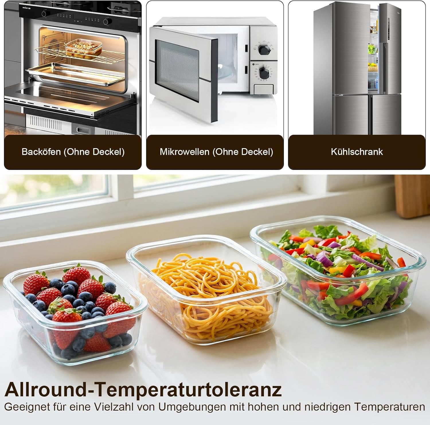 Frischhaltedosen Glas Mit Deckel 3 Stück, Glasbehälter Mit Deckel, Allround-Temperaturtoleranz, Präzise Füllmenge, Bpa-Frei (1040Ml, 680Ml, 410Ml),Meal Prep Boxen