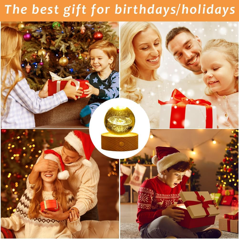 3D Kristallkugel Nachtlicht, LED Ball Lampe Mit Netzschalter,6Cm Warmes Licht Klein Sonnensystem Planeten Kristallkugel Für Geburtstag Weihnachten Home Dekoration