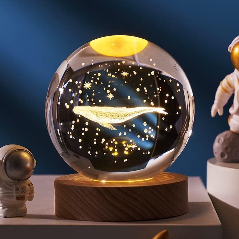 3D Kristallkugel Nachtlicht, Planetenmodell Mit Led-Beleuchtung, 3D Kristallkugel Mit Led Usb-Holzsockelfür Weihnachten Thanksgiving Geburtstag, Dekorative Tischlampe (Whale)