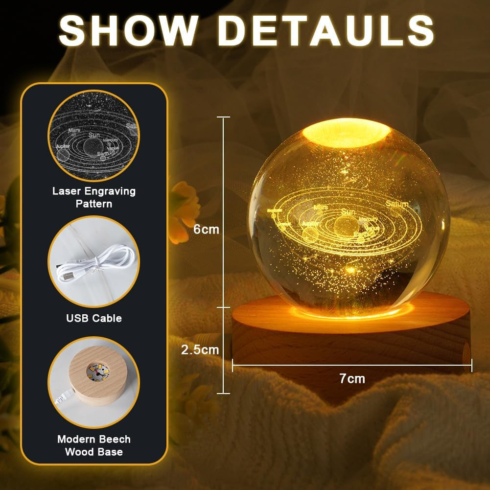 3D Kristallkugel Nachtlicht, LED Ball Lampe Mit Netzschalter,6Cm Warmes Licht Klein Sonnensystem Planeten Kristallkugel Für Geburtstag Weihnachten Home Dekoration