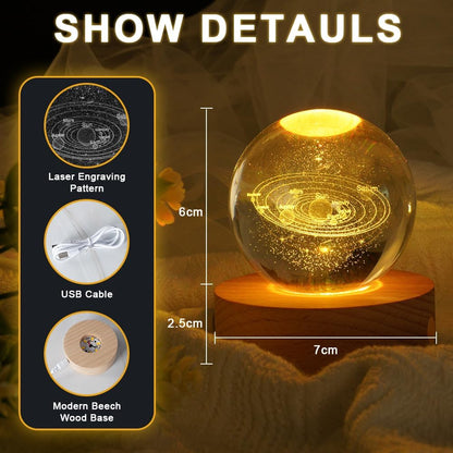 3D Kristallkugel Nachtlicht, LED Ball Lampe Mit Netzschalter,6Cm Warmes Licht Klein Sonnensystem Planeten Kristallkugel Für Geburtstag Weihnachten Home Dekoration