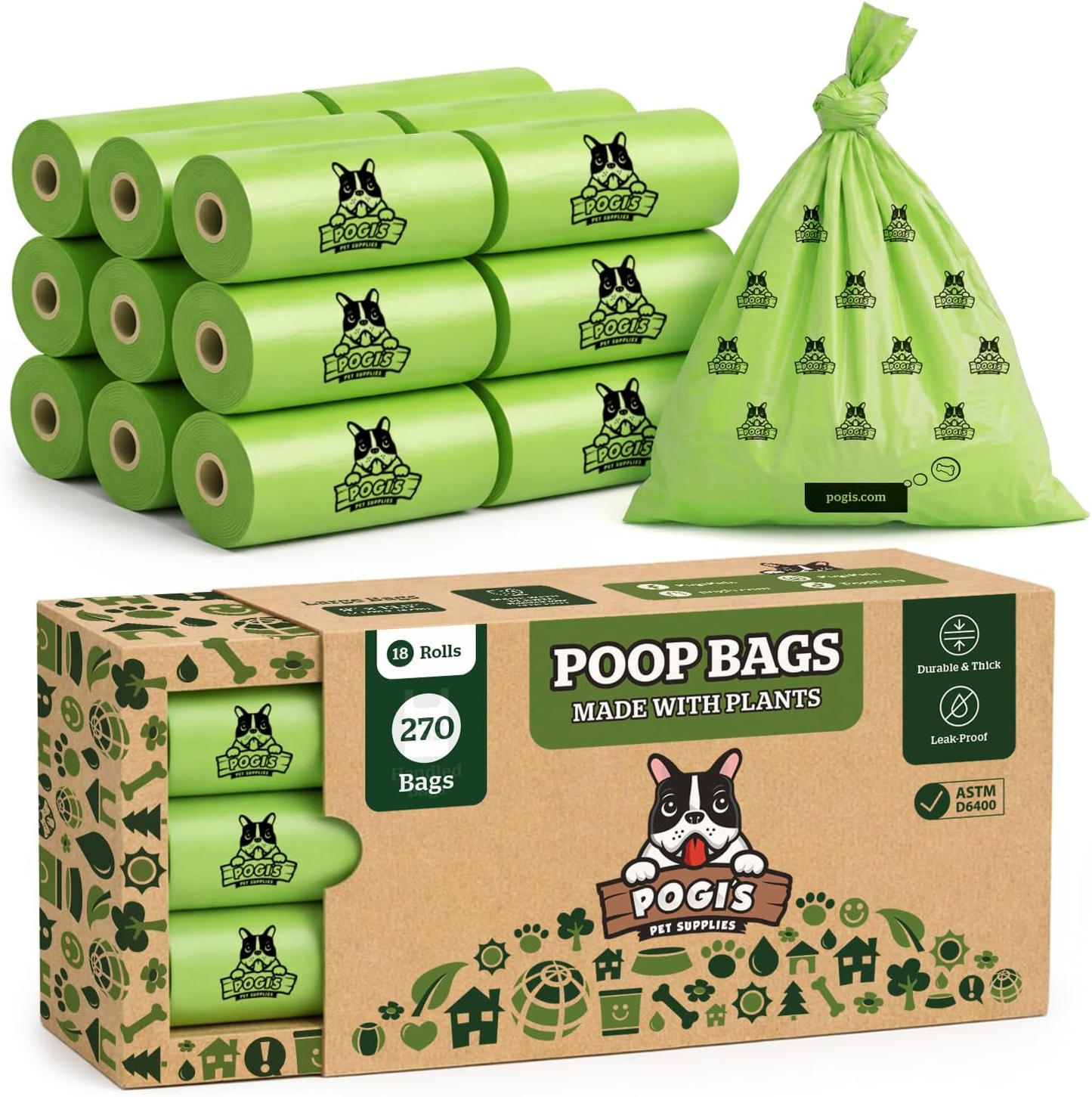 Pogi's Compostable Dog Poop Bags - 18 Rolls (270 Bags)