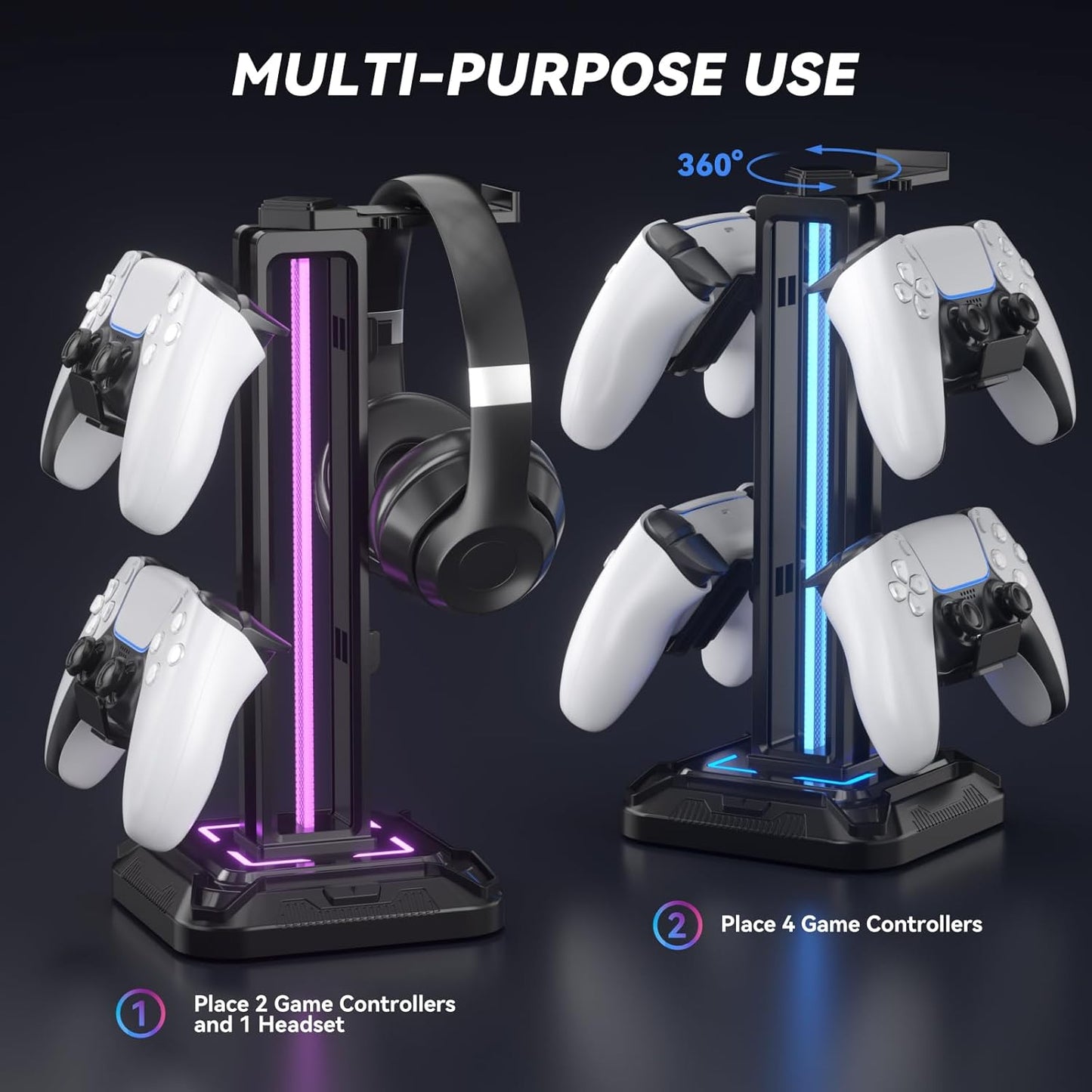 KDD Gaming Kopfhörer Ständer Led Mit 9 Lichtmodi - Drehbarer Headset Halterung Tisch Mit Abnehmbarer Controller Halterung - Headset Ständer Gaming Zubehör Für Gamer PC Xbox ONE Ps5(Schwarz)
