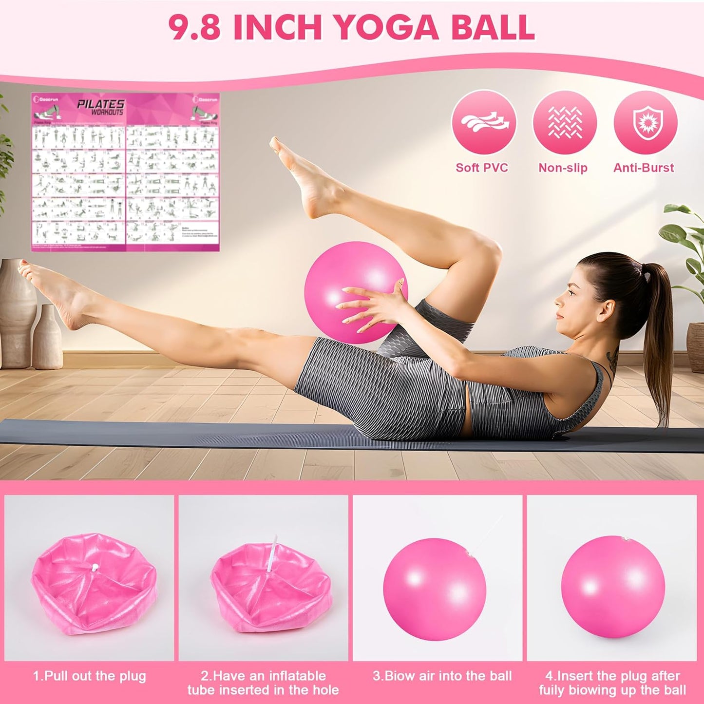Pilates-Ring-Set Mit Widerstandsband, Pilatesball Und Gleitscheiben. Tragbares Heim-Fitnessstudio – Inklusive Fitness-Poster