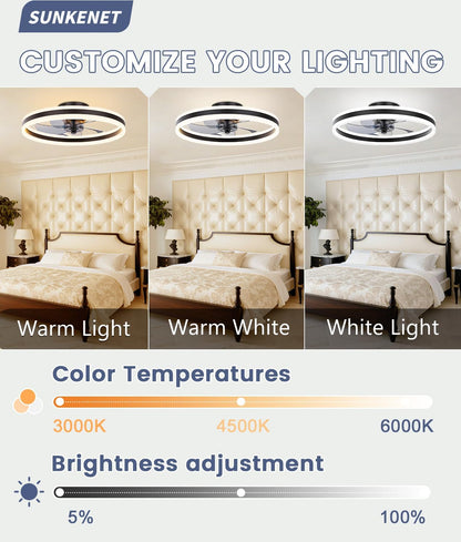 Deckenventilatoren Mit Beleuchtung, 50Cm Lampe Mit Ventilator, 3000K-6500K Dimmbare LED Deckenventilator Mit Licht, Deckenventilatorlampe Für Schlafzimmer,6-Gang,Timer,Leise, Schwarz