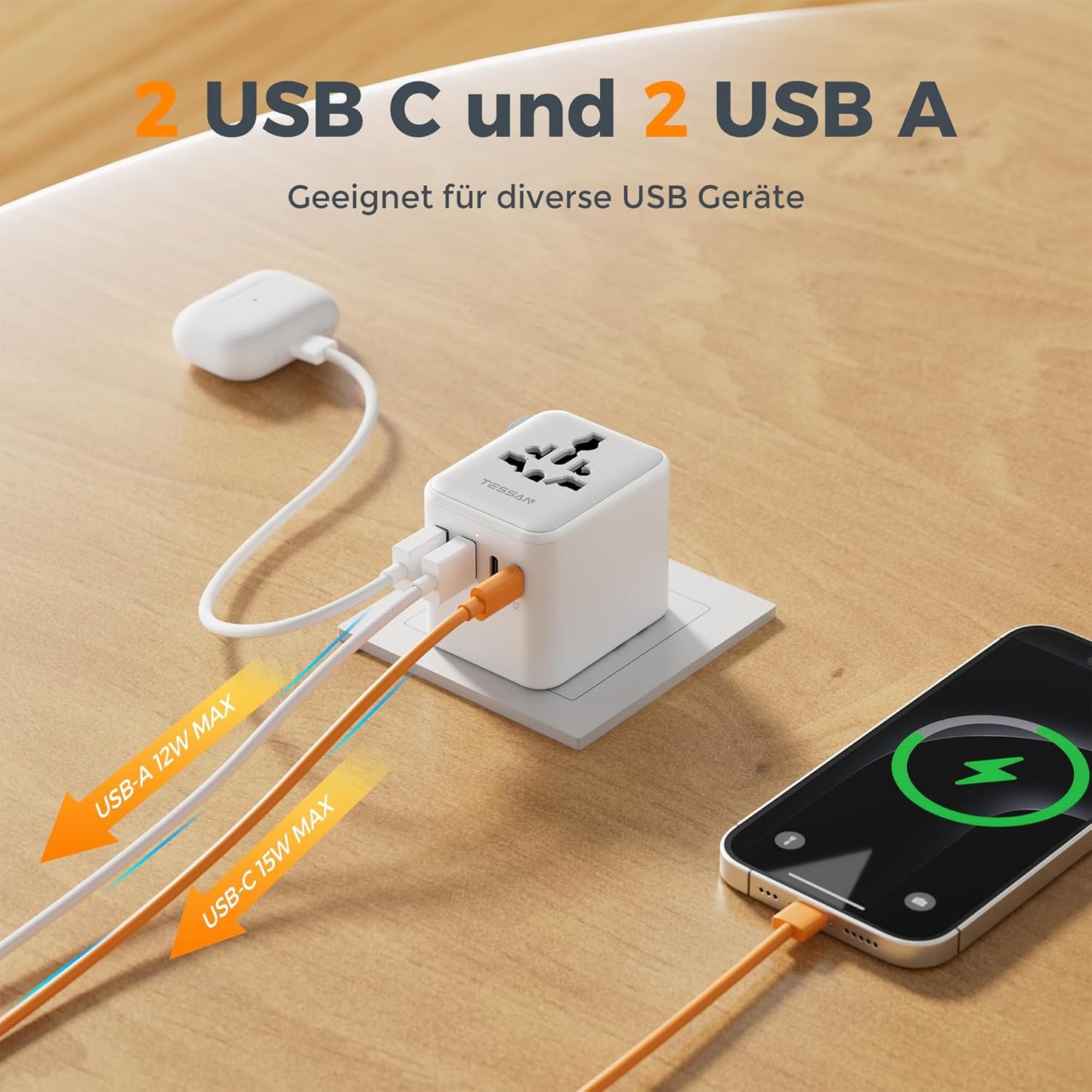 TESSAN Reiseadapter Weltweit, Universal Reisestecker Mit 2 USB a Und 2 USB C, Internationaler Steckdosenadapter, Universaladapter Für England USA Japan Thailand Australien, Travel Adapter