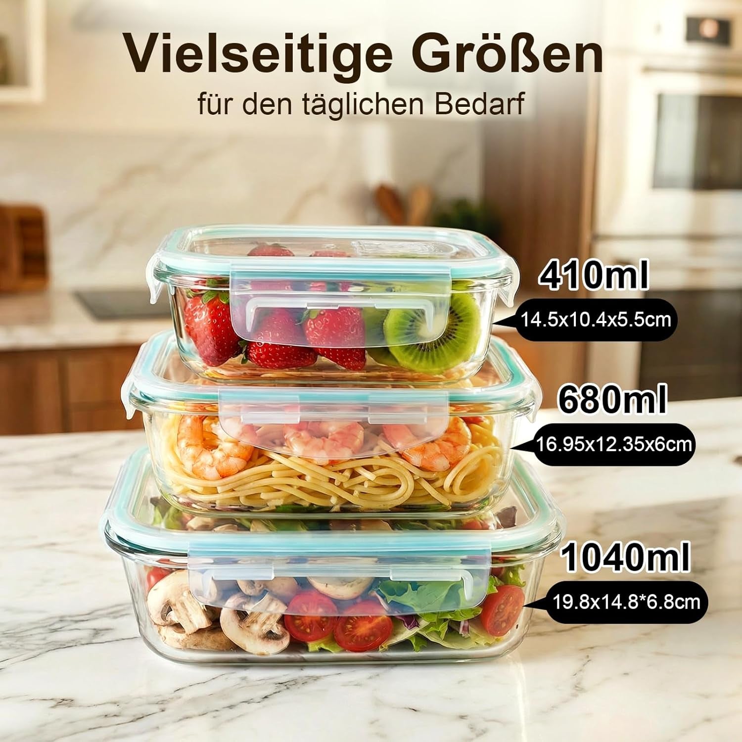 Frischhaltedosen Glas Mit Deckel 3 Stück, Glasbehälter Mit Deckel, Allround-Temperaturtoleranz, Präzise Füllmenge, Bpa-Frei (1040Ml, 680Ml, 410Ml),Meal Prep Boxen