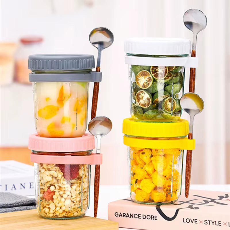 Overnight Oats Container with Lid and Spoon 350ML Airtight Oatmeal Container with Scale Portable Fruit Salad Food Storage Box