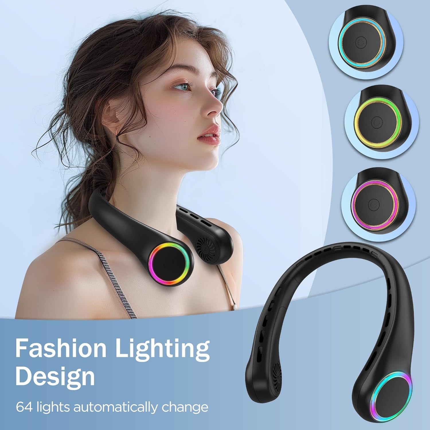 ITSHINY Tragbarer Ventilator Für Hals, Leiser Mini USB Klein Camping 4000Mah Mit 3 Geschwindigkeiten, Led-Licht Für Frauen Mann Heim Büro Reisen Outdoor