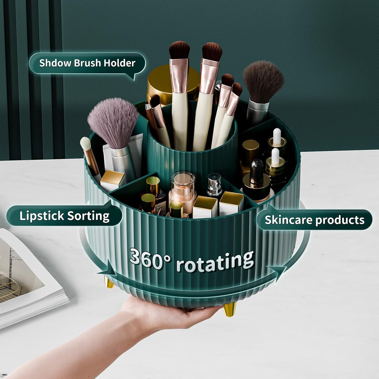 360 ° Drehbarer Make-Up-Organizer, Make-Up-Pinselhalter, 5 Fächer Für Make-Up Und Hautpflege-Aufbewahrung Für Schminktisch, Desktop, Badezimmer (Grün)