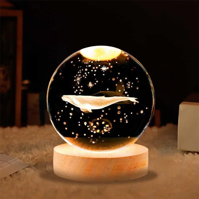 3D Kristallkugel Nachtlicht, Planetenmodell Mit Led-Beleuchtung, 3D Kristallkugel Mit Led Usb-Holzsockelfür Weihnachten Thanksgiving Geburtstag, Dekorative Tischlampe (Whale)