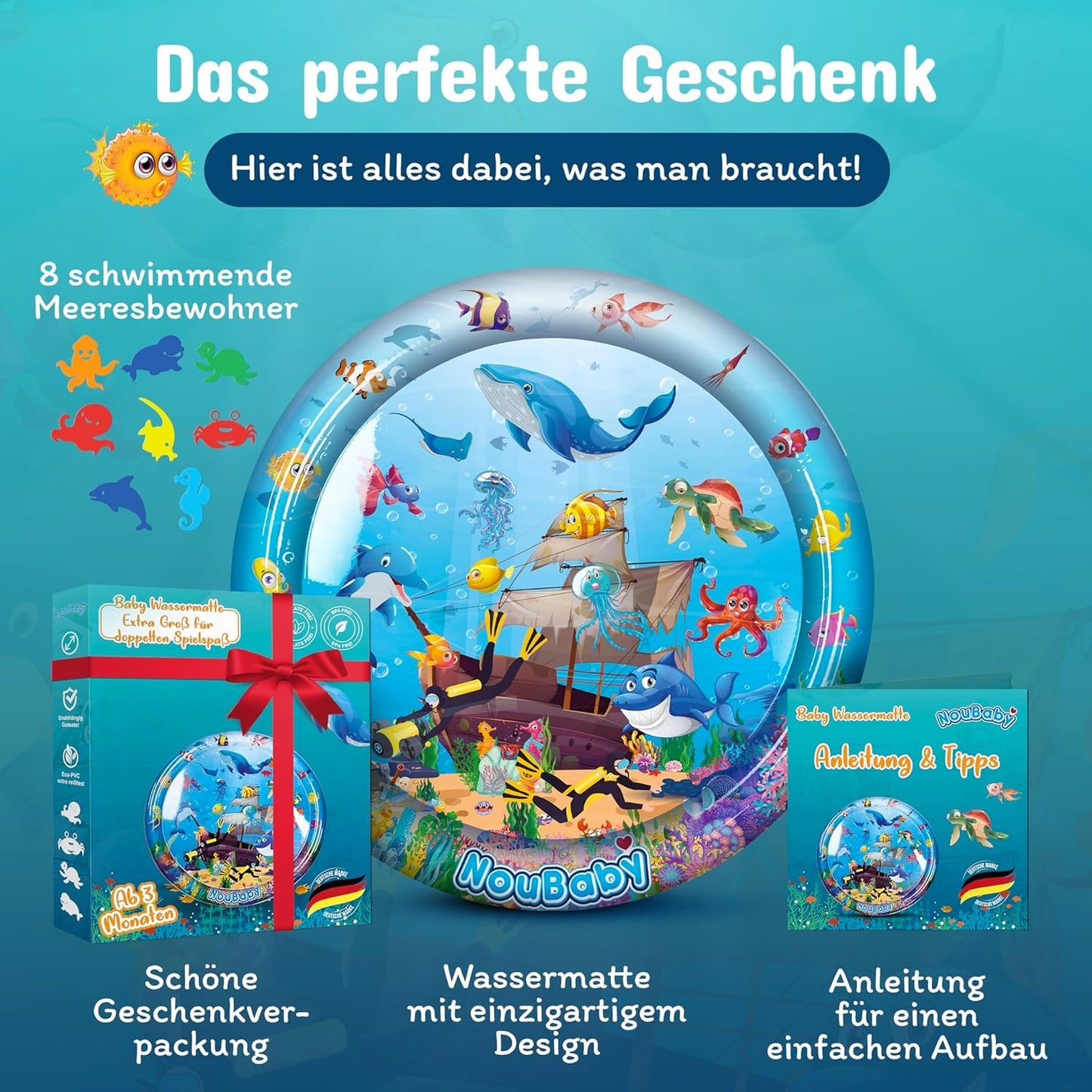 Noubaby® Wassermatte Baby BPA Frei XXL I Babymatte Und Spielzeug Ab 3, 6 Und 9 Monate I Wasserspielmatte Baby, Aqua Matte Baby Als Baby Wassermatte, Bauchlage Spielzeug Baby Und Baby Matte Wasser