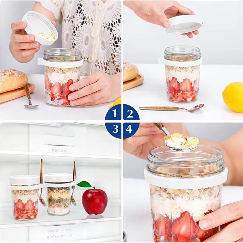 Overnight Oats Container with Lid and Spoon 350ML Airtight Oatmeal Container with Scale Portable Fruit Salad Food Storage Box
